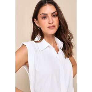Lulus  Button-Up Blouse, Chic Candidate White Collared Sleeveless Top Sz M